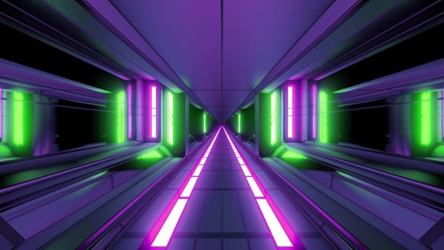 futuristic scifi fantasy space hangar tunnel corridor with hot metal 3d illustration wallpaper background, future sci-fi building room with glass windows rendering design