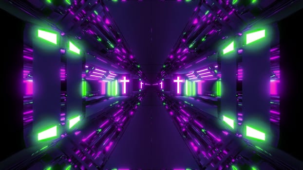 futuristic scifi fantasy tunnel with holy christian glowing cross 3d illustration wallpaper background, future sci-fi building room with religion christus symbol 3d rendering design