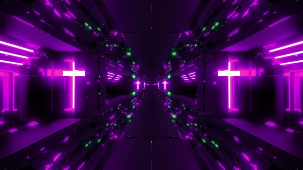 futuristic scifi fantasy tunnel with holy christian glowing cross 3d illustration wallpaper background, future sci-fi building room with religion christus symbol 3d rendering design