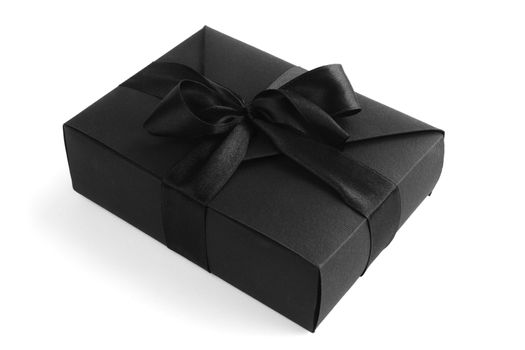 Black friday gift, paper box with silk ribbon bow isolated on white background