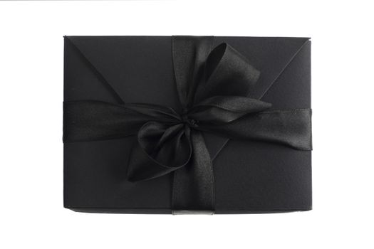 Black friday gift, paper box with silk ribbon bow isolated on white background