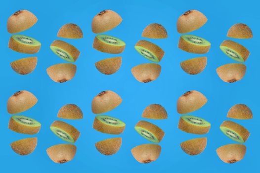 Pattern Of Fresh Kiwi Slices on Blue Background