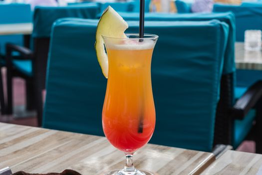 Colorful cocktail on the table of a bar in the restaurant.