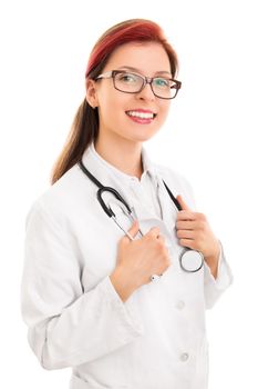 Close up of a smiling beautiful young female health care professional or doctor or nurse with glasses, holding stethoscope around her neck, isolated on white background. Confident and reassuring female doctor's face.