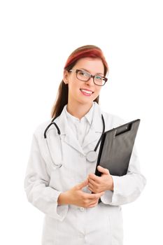 It's all fine. We are here for you. Portrait of a smiling young female health care professional or doctor or nurse with glasses and a stethoscope, holding a clipboard, isolated on white background.