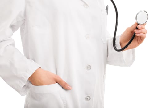 Close up of a doctor's hand holding a stethoscope, isolated on white background.