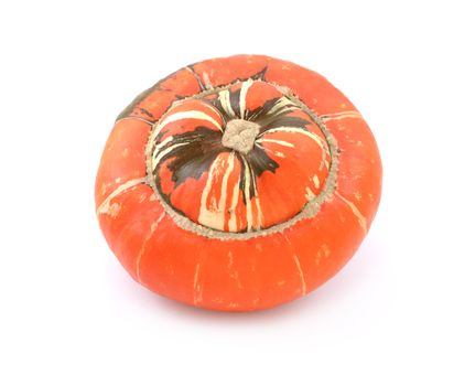 Bright orange Turks Turban heirloom gourd with striped, raised centre, on a white background