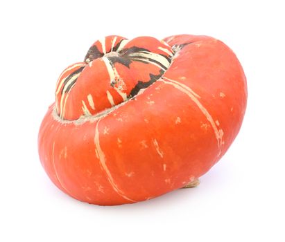 Deep orange turban squash in profile with colourful, striped centre, raised above the cap, on a white background