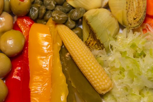 corn and other vegetables pickled in vinegar