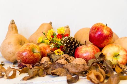 Autumn harvest composition with pumpkins and apples