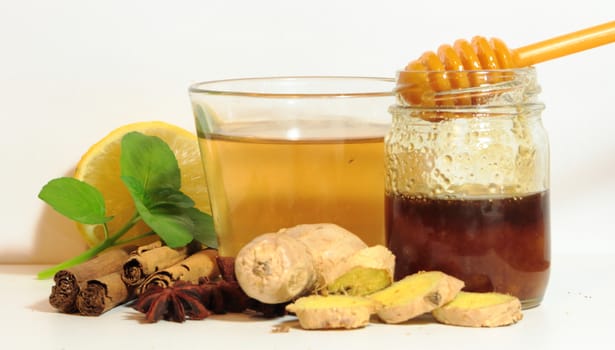 healthy tea of ginger mint lemon cinnamon curcuma anis and honey