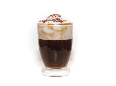 espresso irish coffee with cream and chocolate on white background