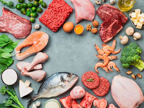 Keto diet concept. Raw ingredients for low carb diet - meat, poultry, fish, seafood, eggs, beef bones for bone broth, greens on gray stone background. Top view or flat lay. Copy space in center