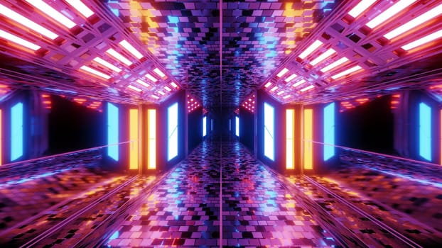 futuristic sci-fi hangar tunnel corridor with brocks textur and nice reflections 3d illustration background wallpaper, future endless scifi room 3d rendering design