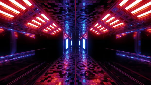 futuristic sci-fi hangar tunnel corridor with brocks textur and nice reflections 3d illustration background wallpaper, future endless scifi room 3d rendering design