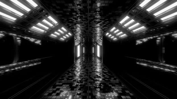 futuristic sci-fi hangar tunnel corridor with brocks textur and nice reflections 3d illustration background wallpaper, future endless scifi room 3d rendering design