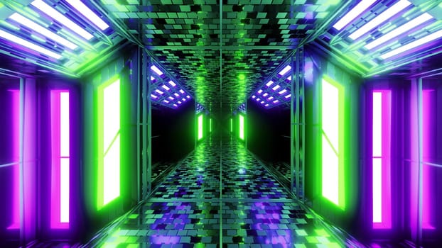 futuristic sci-fi hangar tunnel corridor with brocks textur and nice reflections 3d illustration background wallpaper, future endless scifi room 3d rendering design
