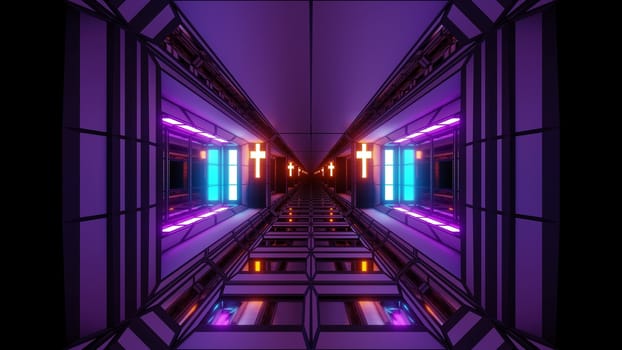 futuristic space sci-fi hangar tunnel corridor with nice reflections and holy christian glowing cross 3d illustration background wallpaper, future endless scifi room 3d rendering design