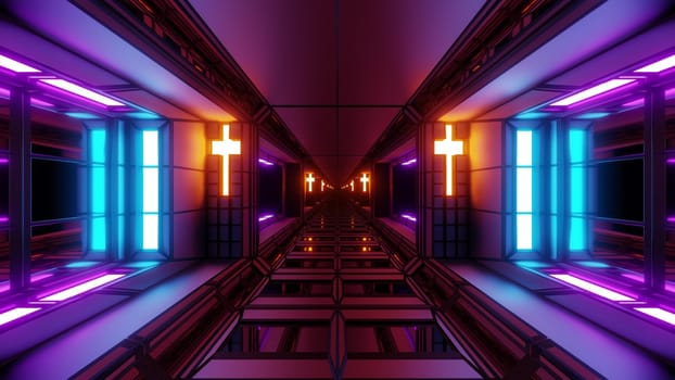 futuristic space sci-fi hangar tunnel corridor with nice reflections and holy christian glowing cross 3d illustration background wallpaper, future endless scifi room 3d rendering design