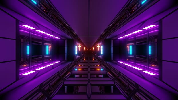 futuristic space sci-fi hangar tunnel corridor with nice reflections and holy christian glowing cross 3d illustration background wallpaper, future endless scifi room 3d rendering design