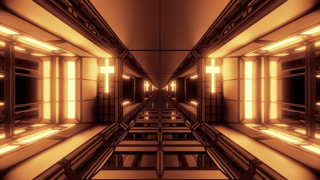 futuristic space sci-fi hangar tunnel corridor with nice reflections and holy christian glowing cross 3d illustration background wallpaper, future endless scifi room 3d rendering design