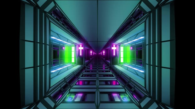 futuristic space sci-fi hangar tunnel corridor with nice reflections and holy christian glowing cross 3d illustration background wallpaper, future endless scifi room 3d rendering design