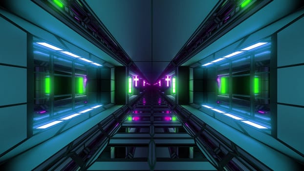 futuristic space sci-fi hangar tunnel corridor with nice reflections and holy christian glowing cross 3d illustration background wallpaper, future endless scifi room 3d rendering design