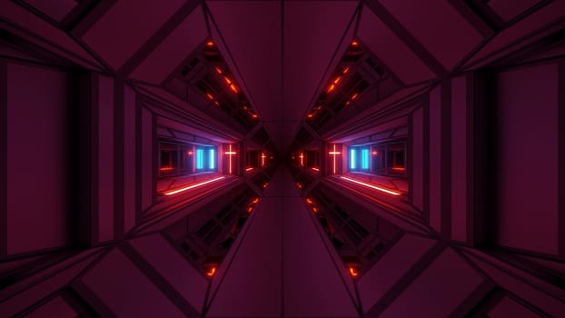 futuristic space sci-fi temple hangar tunnel corridor with nice reflections and holy christian glowing cross 3d illustration background wallpaper, future endless scifi room 3d rendering design