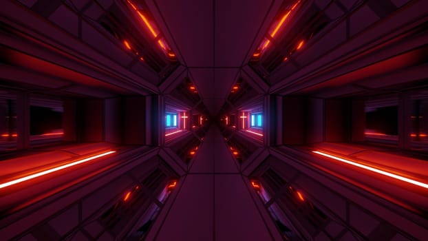 futuristic space sci-fi temple hangar tunnel corridor with nice reflections and holy christian glowing cross 3d illustration background wallpaper, future endless scifi room 3d rendering design