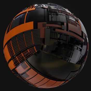 Abstract Hardsurface Sci-Fi Technology Sphere. Space Station Or Spaceship. 3D renderingor 3D illustration. Isolate on Drak background