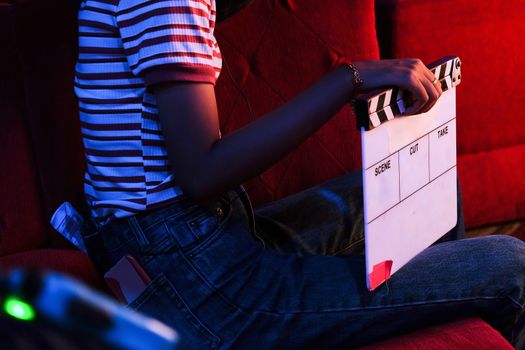 Film production crew, close up of movie Clapper board