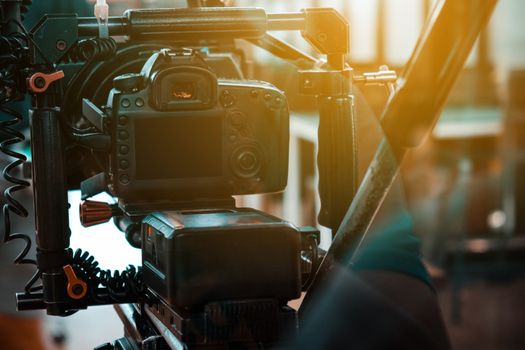 Film industry. Filming with professional camera background