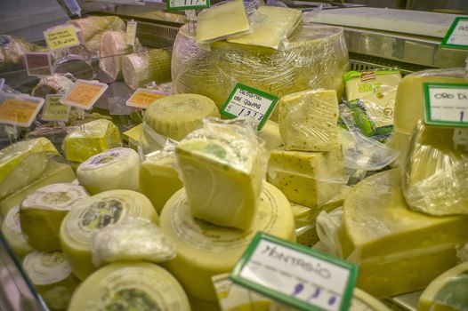 Lots of cheeses inside a refrigerated counter ready to be sold and eaten.