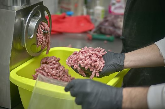 Industrial production department of minced meat: production and packaging of the finished product.