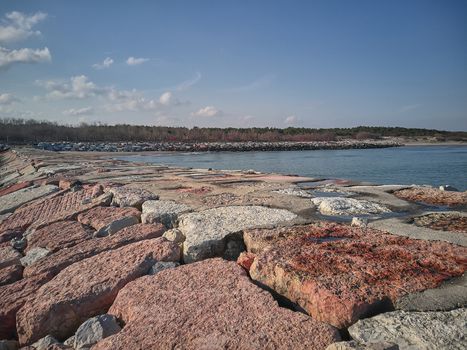 view of a cliff in the middle of the sea with a thick natural vegetation behind it.