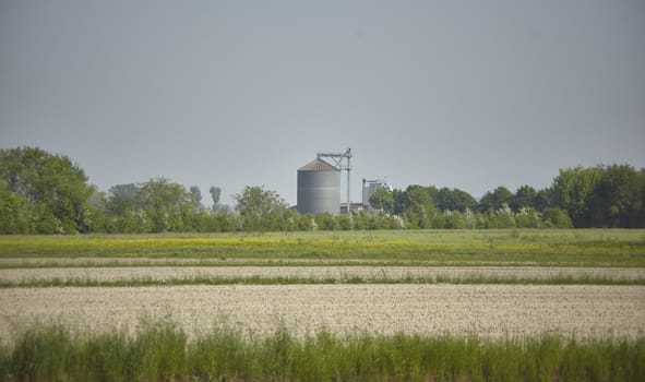 Cereal drying plant immersed in a rural landscape where the cereals are grown.