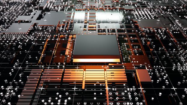 Abstract Central Computer Processors Concept. 3D illustration. Conceptual CPU on circuit board - PCB