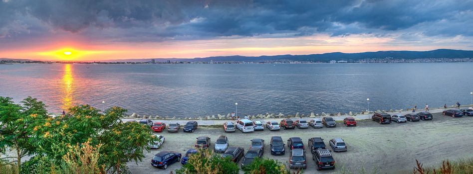 Nessebar, Bulgaria – 07.09.2019. Sunset over the Sunny Beach resort in Bulgaria. Panoramic view from the side of the island of Nessebar