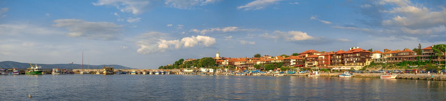 Nessebar, Bulgaria – 07.09.2019. Panoramic view from the sea to the city of Nessebar, Bulgaria, on a sunny summer day