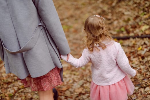 Beautiful little girl on a walk in the park on a sunny day. Autumn day