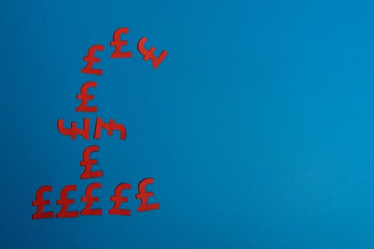 Paper yellow symbols of british pound currency on blue background. View from above with copy space