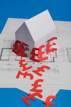 White family paper house , british pound money symbol , house projects plan and blueprints on mint background paper. Minimalistic and simple concept, style. Vertical orientation. View from above. copy space