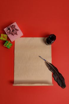 Empty letter for Santa Claus. Copy space. Red background