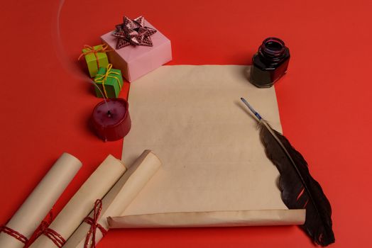 Empty letter for Santa Claus. Copy space. Red background