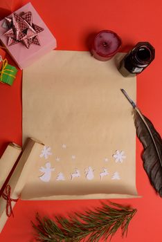 Empty letter for Santa Claus. Copy space. Red background