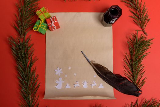 Empty letter for Santa Claus. Copy space. Red background