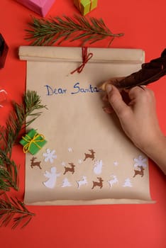 Empty letter for Santa Claus. Copy space. Red background