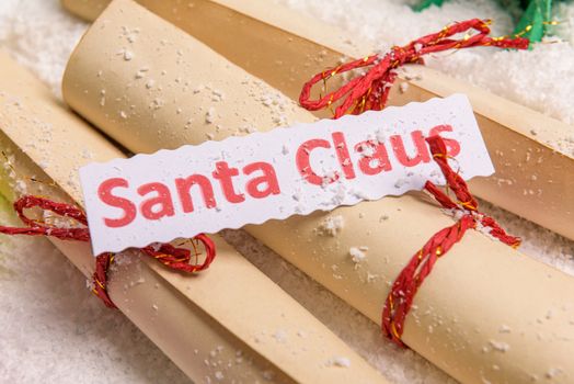 old tied up letters for Santa Claus, view from above.