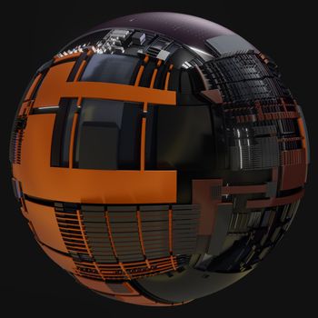 Abstract Hardsurface Sci-Fi Technology Sphere. Space Station Or Spaceship. 3D renderingor 3D illustration. Isolate on Drak background