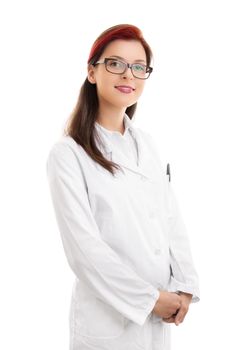 Medicine, science and profession concept. Portrait of a smiling young female doctor or scientist or pharmacist or chemist in white uniform coat, isolated on white background.